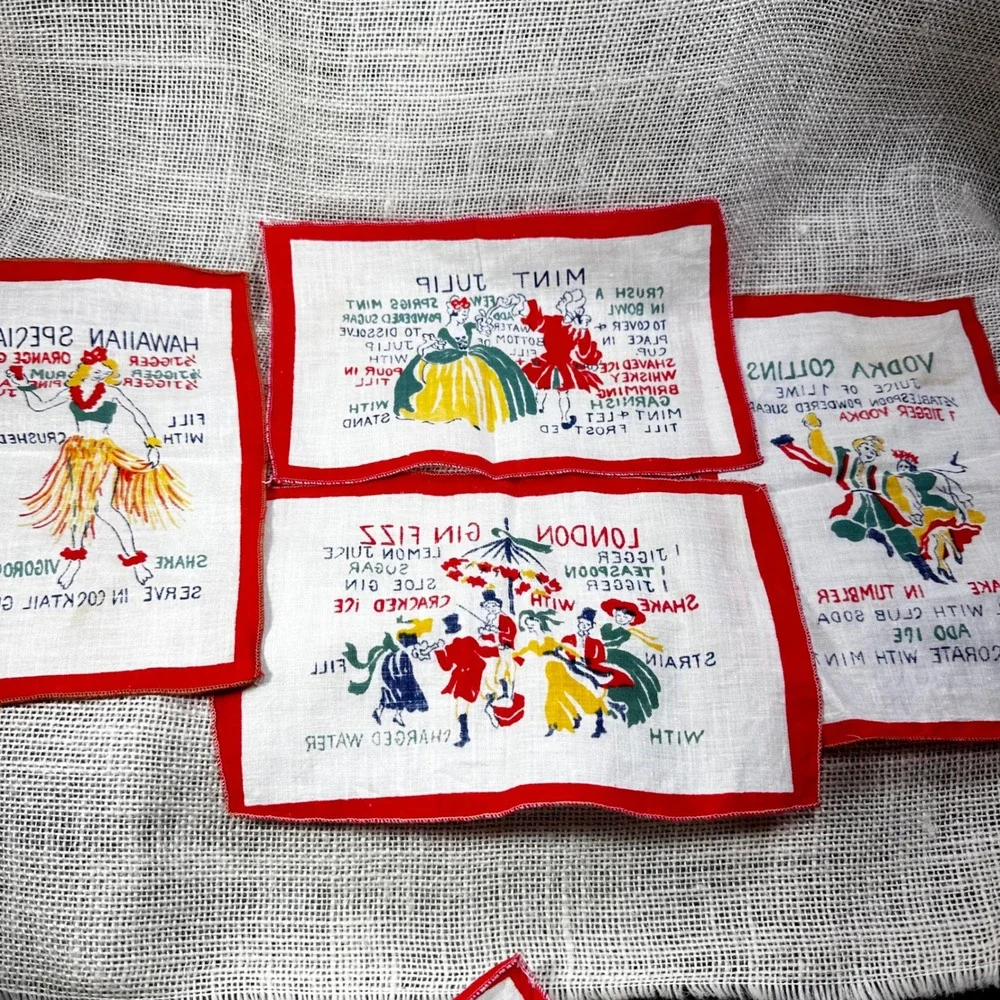Vintage Mid Century Cocktail Napkins Set of 4 Drink Recipes Tiki Barware Red
